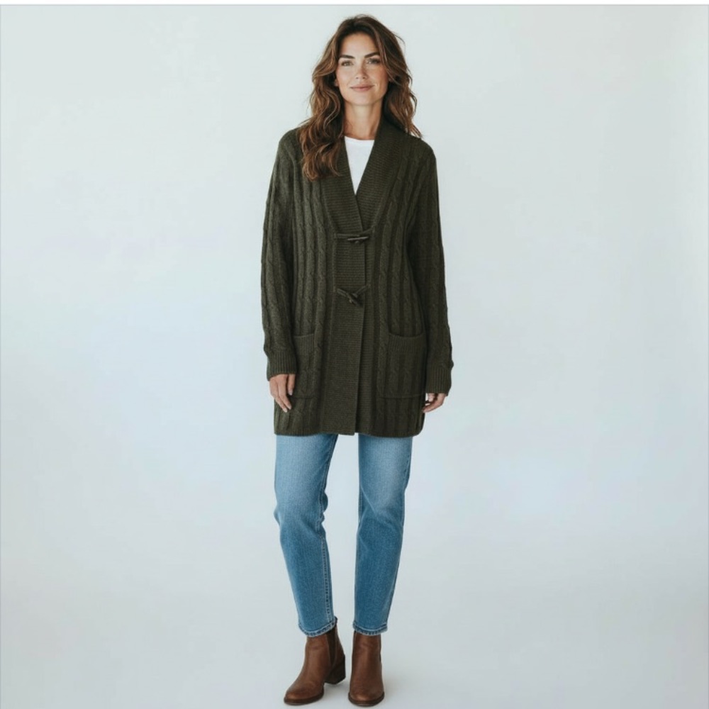 Talbots Women’s Cable Chunky Knit Sweater Jacket Forest Green Size MP